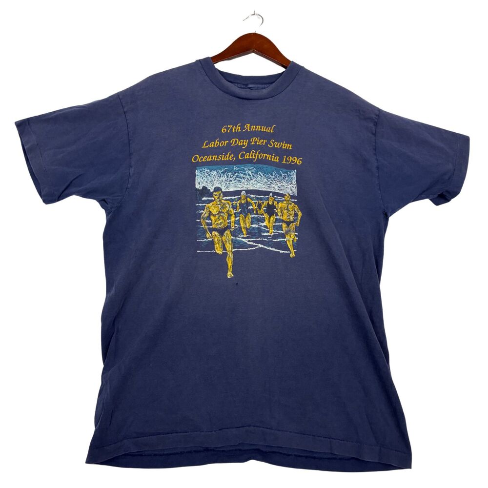 Vintage 1996 Oceanside CA Labor Day Pier Swim T Shirt USA Heavy Cotton Blue